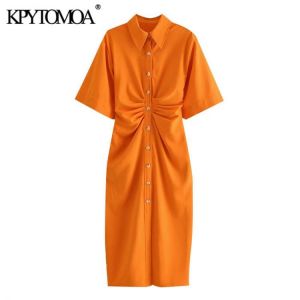orhagag שמלות KPYTOMOA Women 2021 Chic Fashion Button up Draped Midi Shirt Dress Vintage Short Sleeve Side Zipper Female Dresses Vestidos