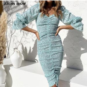 orhagag שמלות 2020 New Package Hips Dot Print Long sleeve Dress Elegant Women Lacing up Elastic Ruched Mid Long Party Dresses Slim fit Vestido